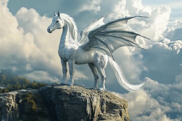 A unique hybrid animal with the body of a horse and the wings of a dragon, standing on a cliff