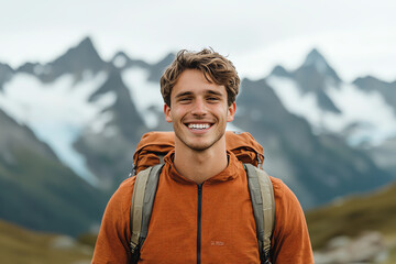 Naklejka premium Smiling hiker in mountains, outdoor adventure.