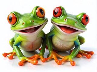 Naklejka premium Funny Cartoon Green Frogs Sitting Together on White Background - Vector Illustration