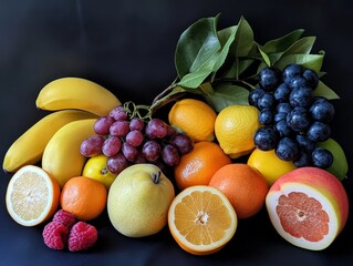 A variety of fruits spread out in a balanced arrangement, showcasing their different shapes and colors