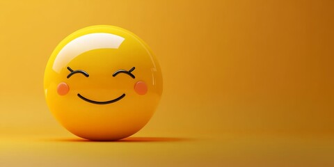 Fototapeta premium A large, 3D yellow emoji positioned off-center to the left with a shy expression, blushing cheeks, and closed eyes, against a smooth yellow background with copy space on the right.