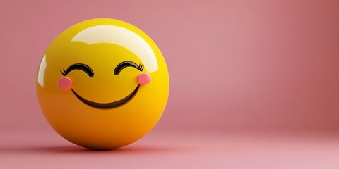 Fototapeta premium A large, 3D yellow emoji positioned off-center to the left with a playful expression, winking one eye and a teasing smile, against a smooth pink background with room for text on the right.