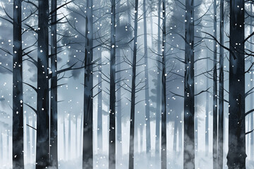 Fototapeta premium Snow falling on the forest background vector illustration, flat design
