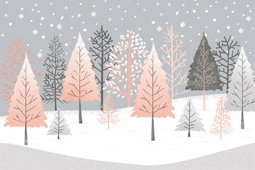 Fototapeta premium Fireside Winter Forest Landscape with Snowy Trees and a grey sky vector background illustration