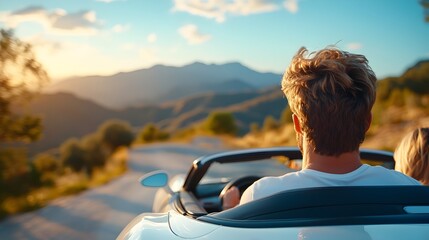 Fototapeta premium Carefree Friends Enjoying Road Trip Adventure in Convertible Through Vast Arid Desert Landscape on a Sunny Day
