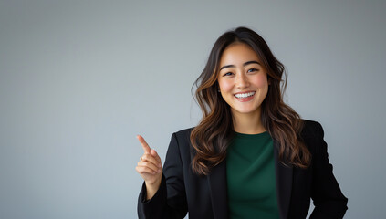 A young Japanese businesswoman is smiling and pointing to the side with her right hand