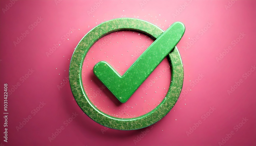 Poster A green check mark inside a circular outline on a pink background, symbolizing approval or confirmation.
