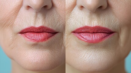 Obraz premium Side-by-side close-up images of a woman's mouth, illustrating the effectiveness of wrinkle-reducing treatment, Smooth Skin Transformation, Realistic, Clean Background