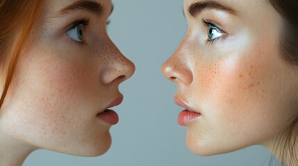 Obraz premium Detailed side-by-side view of a nose reshaped through rhinoplasty, emphasizing a more defined nose tip and a smoother bridge for better facial harmony