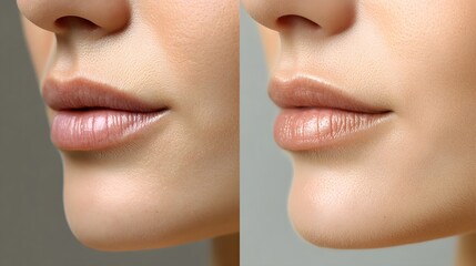 Obraz premium Side-by-side comparison of a man's nose before and after rhinoplasty, with a written testimonial about improved confidence and satisfaction with the results, Photorealistic, High Detail