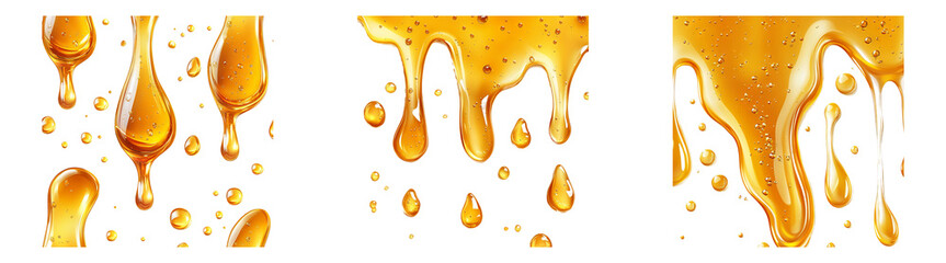 Golden honey drips isolated on transparent PNG, great for food advertisements, recipe illustrations, or product packaging