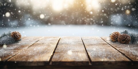 Snow scenery, A wooden table against a blurred background, adorned with delicate decorations.