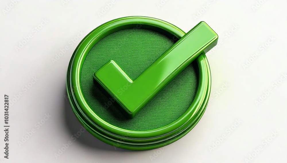 Poster a glossy green checkmark icon on a circular textured base, symbolizing approval or completion.