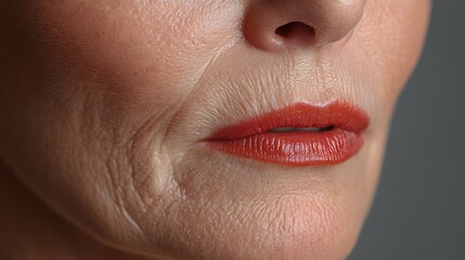 Obraz premium Close-up testimonial image of a patient's mouth area, highlighting wrinkle reduction results, with smoother skin and refined texture, High-Resolution, Soft Focus