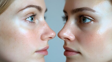 Obraz premium Time-lapse capturing rhinoplasty recovery, with a focus on changes in nose shape, skin texture, and bruising fading, clear final results, Cinematic, Neutral Background