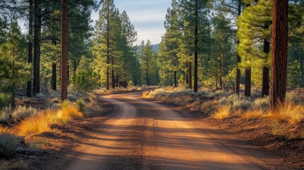 Obraz premium A winding dirt road through a pine forest with golden light filtering through the trees.