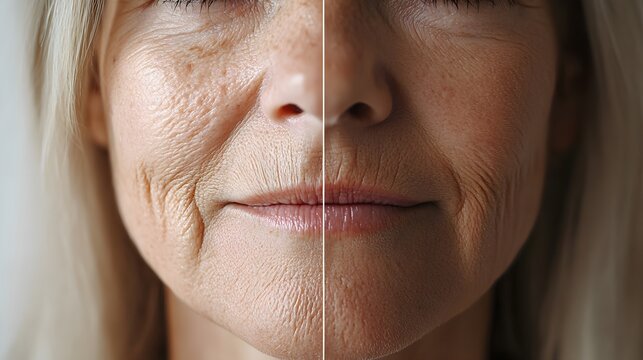 Time-lapse documenting the reduction of fine lines around the mouth, showing gradual improvements after each anti-aging treatment and final smooth skin in a before-and-after comparison