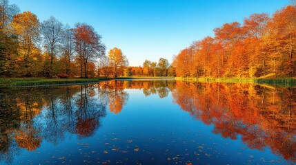 Calm lake surrounded by colorful autumn trees with reflections on the water.