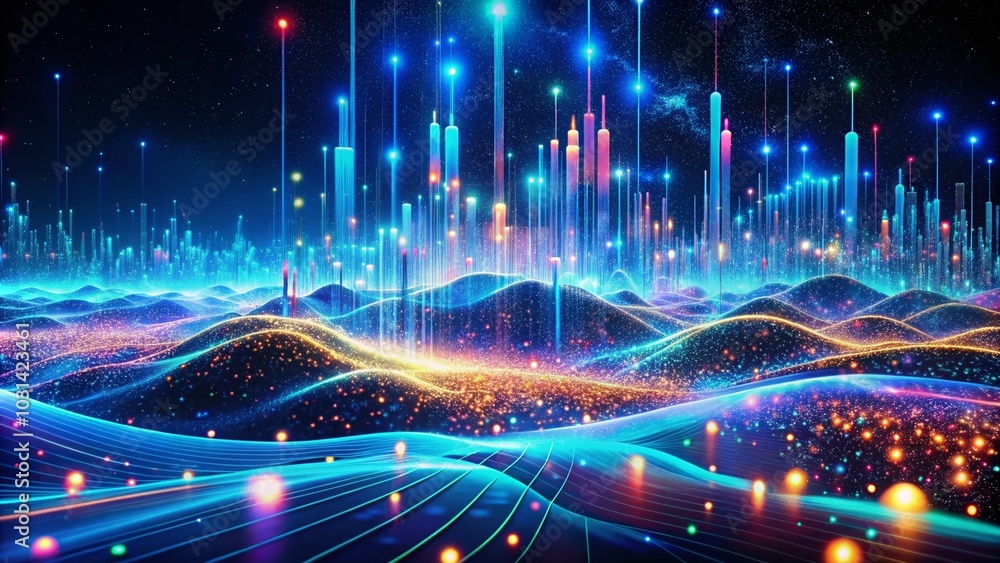 Poster futuristic digital landscape with flowing data stream and glowing particles for technology innovatio