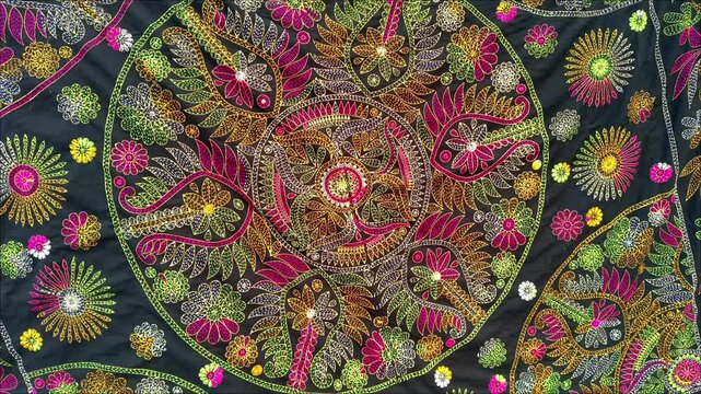 Artistry of intricate hand-sewn Nakshi Kantha(handicrafts), a timeless Bangladeshi textile tradition blending colorful designs and cultural heritage through exquisite stitching. 