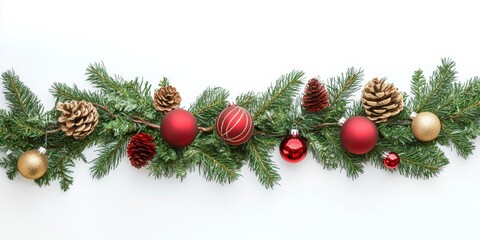 Christmas Branches Border with Christmas Decorations isolated over white background. 