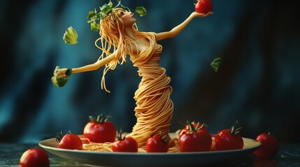 Two strands of spaghetti come to life as a graceful couple-a woman and a spaghetti man-dancing in perfect harmony to romantic music. 