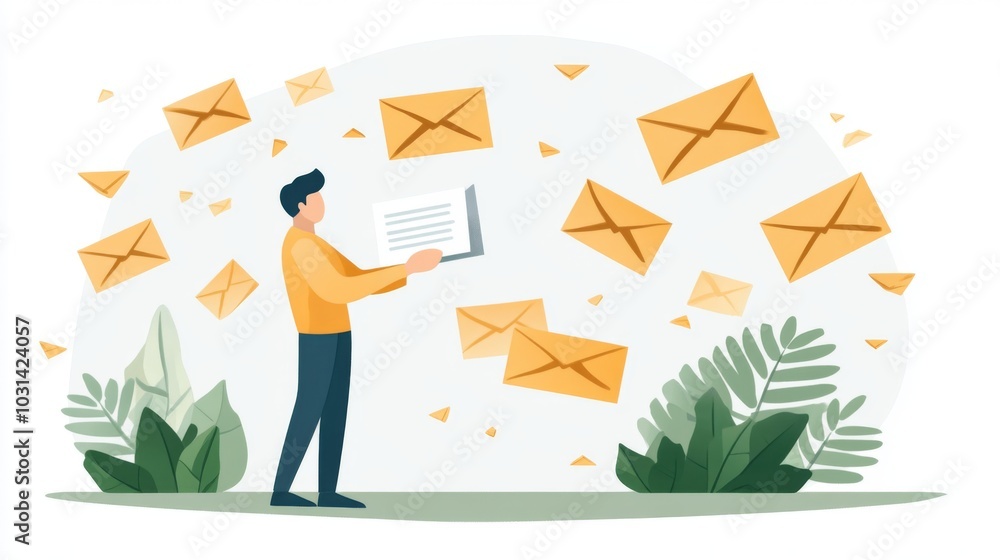 Poster man holding a document with falling envelopes around him