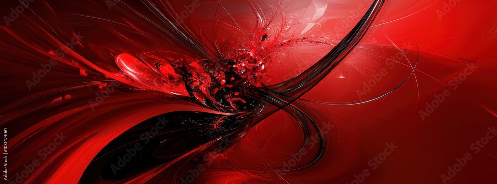 Poster abstract red and black design with swirling lines and a central point of focus.