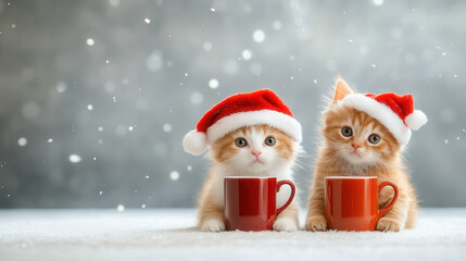 Obraz premium Two adorable cats in Santa hats sit beside red mugs, creating festive atmosphere. Their curious expressions and snowy background evoke joyful holiday spirit