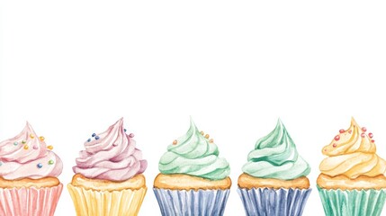 Watercolor cupcakes clipart, a sweet collection of colorful and delicious treats for your designs,cupcakes with cream and sprinkles