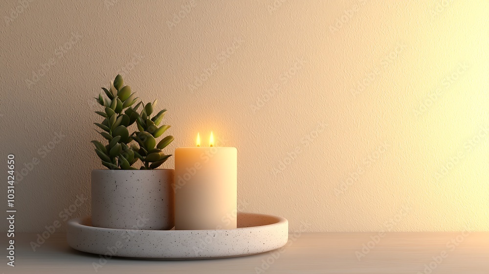 Aufkleber serene candle and succulent display creating a calm ambiance for relaxation and mindfulness in moder