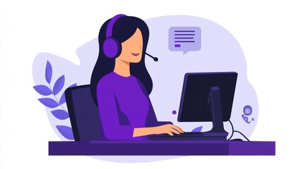 Female Customer Service Representative with Headset Working at a Computer