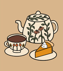 Teapot Set with a Slice of Pumpkin Pie with Whipped Cream. Cartoon Vector Illustration for greeting cards, postcards, prints, etc. 