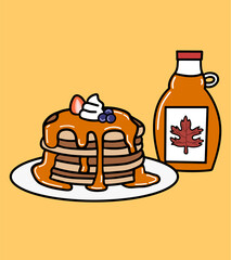 Pancakes with Maple Syrup. Cartoon Vector Style, Food Illustration for Greeting Cards, Postcards, Prints, etc.