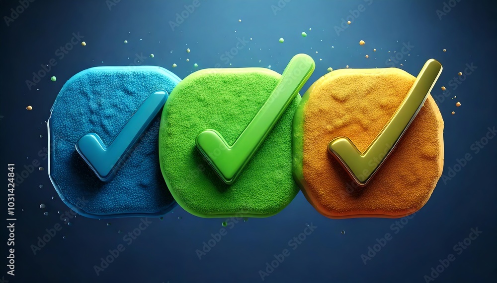 Poster Three colorful checkmark icons on textured backgrounds representing confirmation or successful completion.