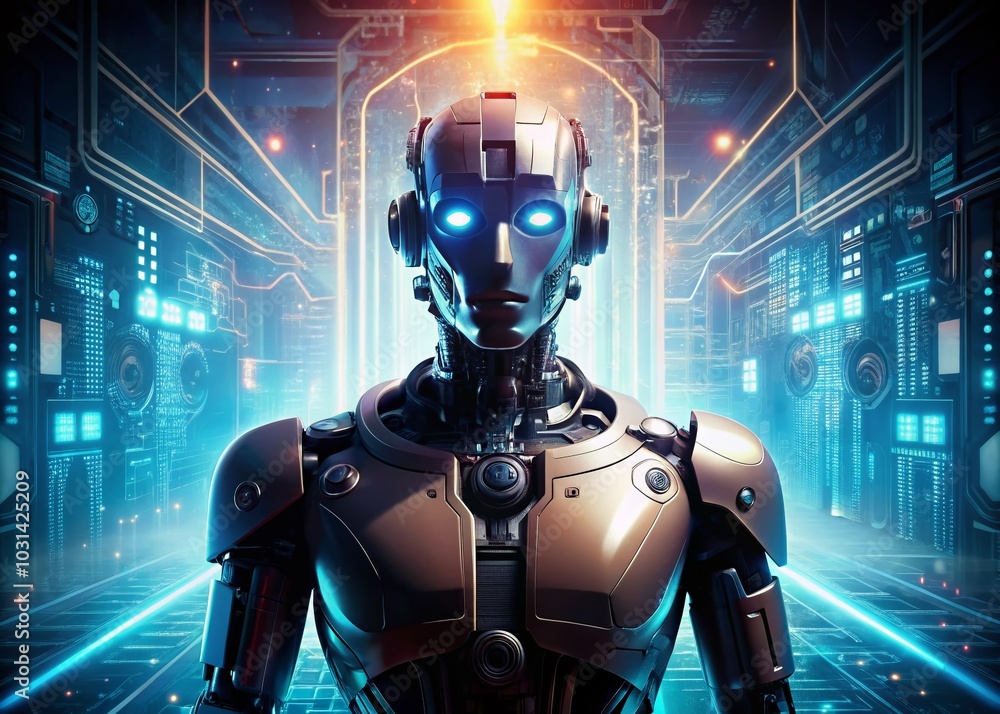 Poster futuristic robot silhouette in high-tech environment symbolizing innovation and advanced technology