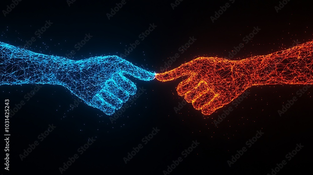 Aufkleber interconnected realms the fusion of blue and red hands symbolizing unity in the digital age
