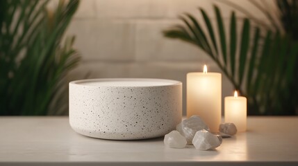 Elegant white stone bowl surrounded by soft candles and natural decor for a tranquil ambiance in home interiors