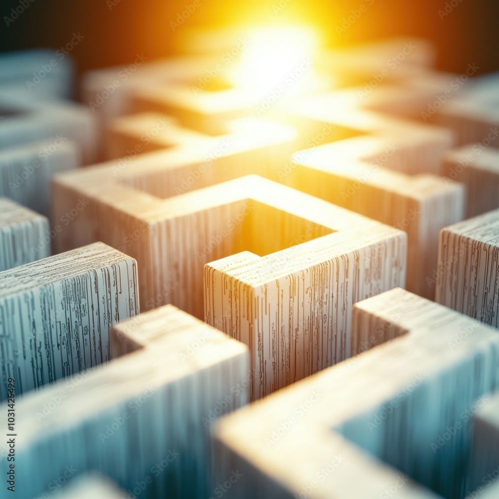 Poster abstract geometric maze with light shining through intricately arranged patterns.