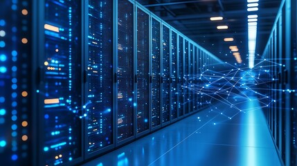 Fototapeta premium Rows of servers in a futuristic data center with holographic connections linking them, illuminated by soft blue light.