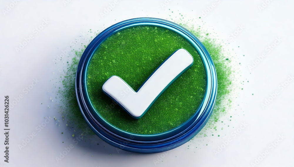 Poster a circular checkmark icon sits on a vibrant green powder, symbolizing approval or completion in a vi