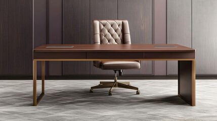 Elegant Executive Workstation with Luxury Walnut Desk and Leather Chair