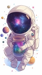 Fototapeta premium Cute cartoon astronaut with a galaxy jar, surrounded by colorful planets.