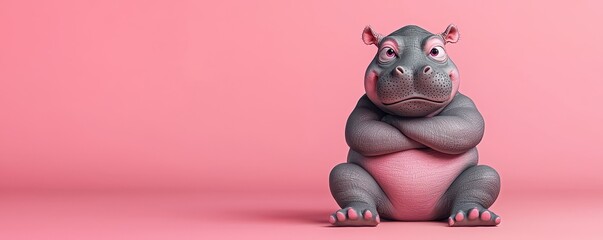 A snarky baby hippo sitting with crossed arms, vibrant 3D cartoon style, sarcastic expression, pastel background, Animals have cute poses.