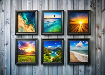 Gallery Style Design Mockup with Black Frames on Painted Wooden Panels - Drone Photography