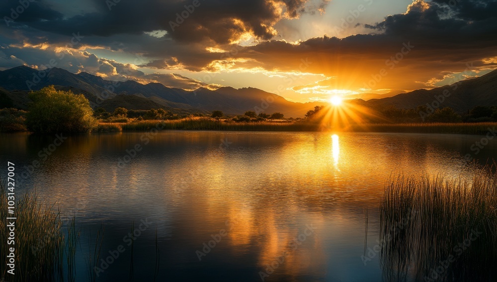 Poster a vibrant sunset over a still lake with mountains in the distance. the sun's rays are reflected in t