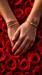 Couple holding hands with matching bracelets, heart backdrop