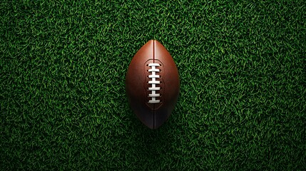 Close-up of an American football on vibrant green grass, top-down perspective, space for text above, minimalist background, sharp focus. Football, Sports, Space for text