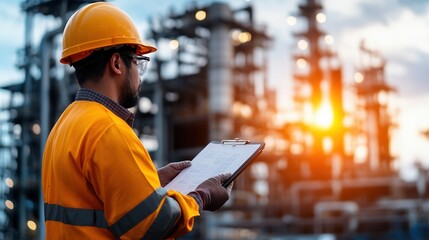 Construction worker in safety gear inspecting a project at sunset.