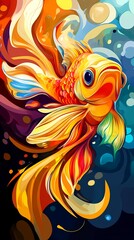 Obraz premium Vibrant goldfish swimming through a burst of colorful swirls.